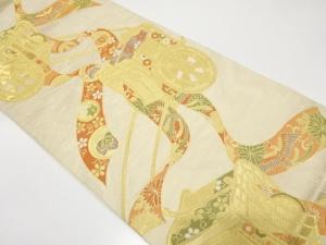 御所車に花・鳳凰模様織り出し　袋帯